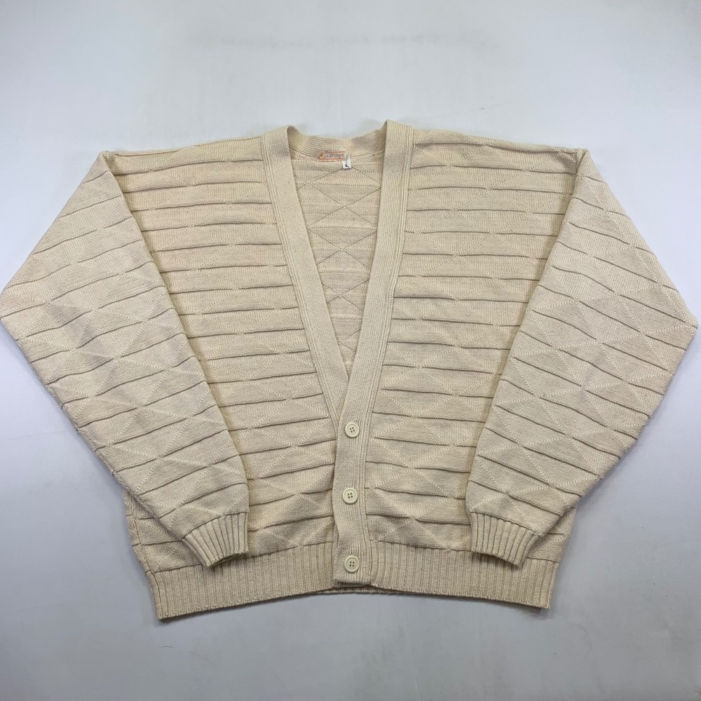 Vintage Adam Sloane Cardigan Mens Large Beige Button Front Knit Sweater USA Made